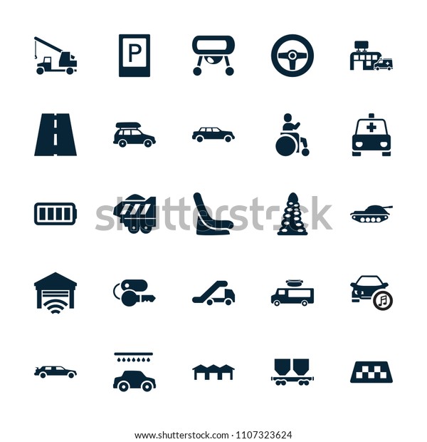 Car icon.\
collection of 25 car filled icons such as taxi, parking, tunnel,\
baby seat in car, hospital, ful battery, garage, tank. editable car\
icons for web and mobile.