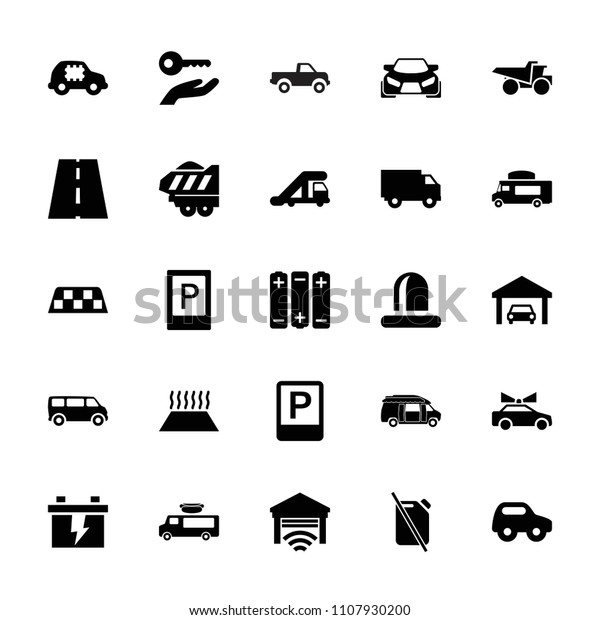 Car icon.\
collection of 25 car filled icons such as parking, truck crane,\
van, battery, truck, siren, garage, key on hand, taxi, no oil.\
editable car icons for web and\
mobile.