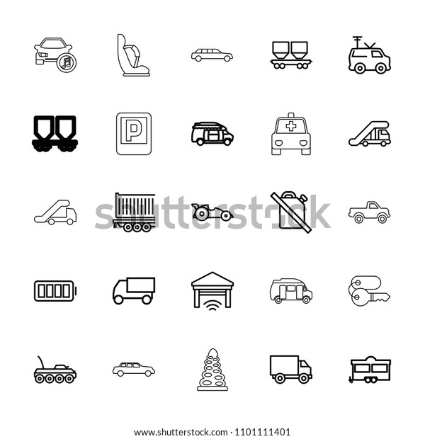 Car icon.\
collection of 25 car outline icons such as truck crane, truck,\
trailer, van, no oil, cargo wagon, tv van, ful battery, garage.\
editable car icons for web and\
mobile.
