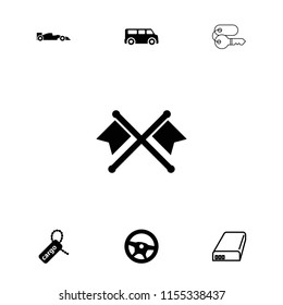 Car icon. collection of 7 car filled and outline icons such as wheel, crossed flags, battery, van. editable car icons for web and mobile.