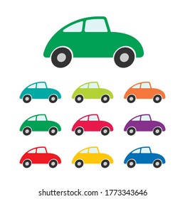 Car icon collection. Different colors set. Cute cartoon style automobile vector image. Comic transport logo. Funny vintage auto vehicle symbol sign. Isolated on white background.