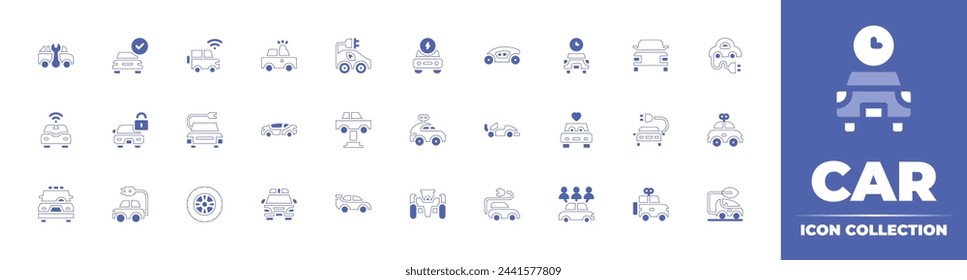 Car icon collection. Duotone style line stroke and bold. Vector illustration. Containing wheel, sharing, available, futuristic, electric, locked, racing car, car toy, car repair, eco.