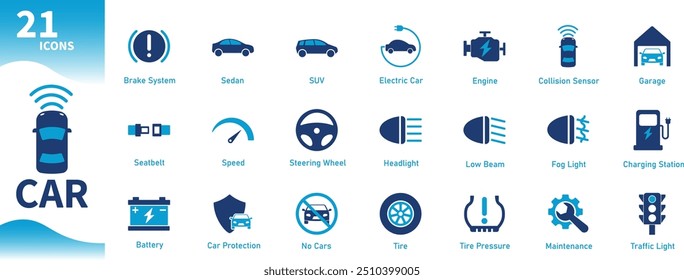 Car icon. Collection of icons about electric cars, SUVs, sedans, car systems, car lights, engine. Solid vector icons.