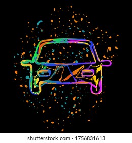 Autosymbol. Farbige Tinte mit Splätzen auf schwarzem Hintergrund