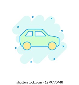 Car icon in comic style. Automobile car vector cartoon illustration pictogram. Auto business concept splash effect.