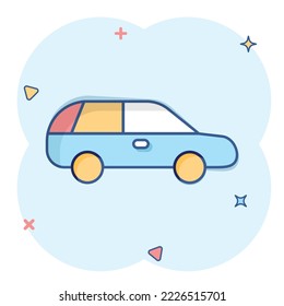 Car icon in comic style. Automobile vehicle cartoon vector illustration on white isolated background. Sedan splash effect business concept.