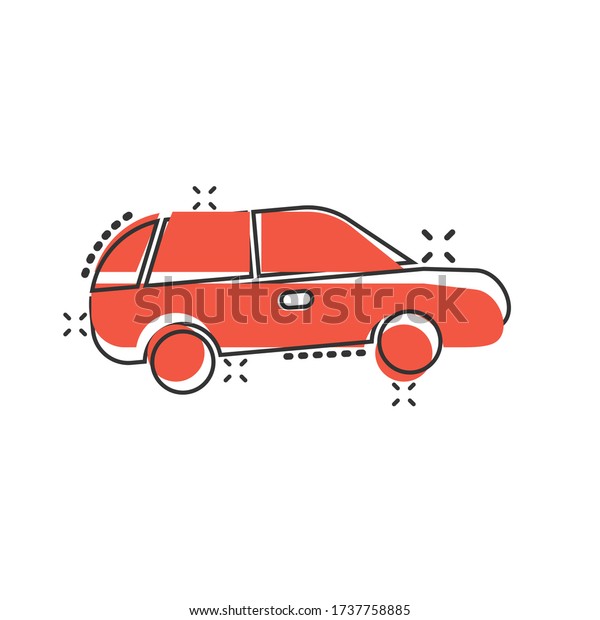 Car icon in comic style. Automobile vehicle\
cartoon vector illustration on white isolated background. Sedan\
splash effect business\
concept.