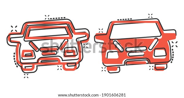 Car icon in comic style. Automobile vehicle\
cartoon vector illustration on white isolated background. Sedan\
splash effect business\
concept.