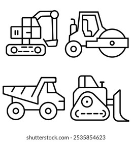 Conjunto de iconos laterales de construcción, conjunto de Vectores, contorno. Icono del coche. Maquinaria agrícola. Maquinaria agrícola. Ilustración vectorial. 