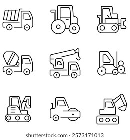 Car icon, Construction line car icon, vector set, outline. JCB, truck, crane, lorry, bulldozer icon. vector illustration.