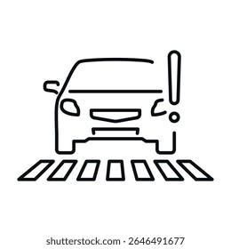 Car icon with exclamation warning symbol near pedestrian crossing illustrating road and pedestrian safety