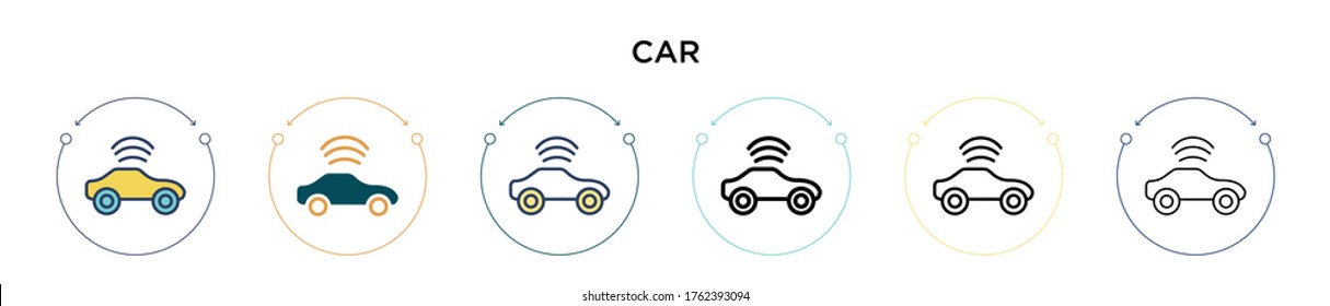 Car icon in filled, thin line, outline and stroke style. Vector illustration of two colored and black car vector icons designs can be used for mobile, ui, web