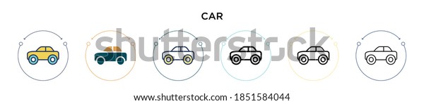 Car icon in filled, thin\
line, outline and stroke style. Vector illustration of two colored\
and black car vector icons designs can be used for mobile, ui,\
web