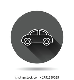 Car icon in flat style. Automobile vehicle vector illustration on black round background with long shadow effect. Sedan circle button business concept.