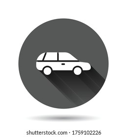 Car icon in flat style. Automobile vehicle vector illustration on black round background with long shadow effect. Sedan circle button business concept.