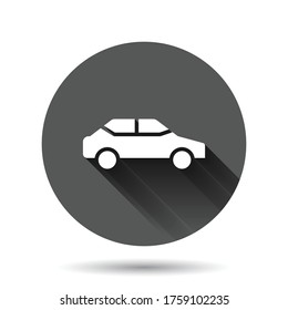 Car icon in flat style. Automobile vehicle vector illustration on black round background with long shadow effect. Sedan circle button business concept.