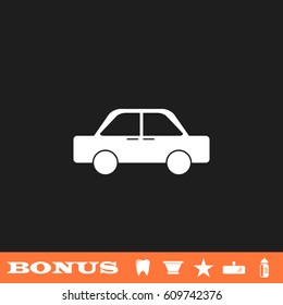 Car icon flat. White pictogram on black background. Vector illustration symbol and bonus button tooth, vase, star, mirror, bottle