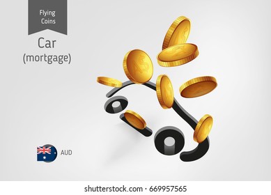 Car icon with flying Australian Dollar coins, finance concept.