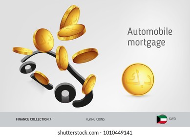 Car icon with flying Kuwaiti Dinar coins, finance concept. Vector illustration for print, websites, web design, mobile app, infographics.
