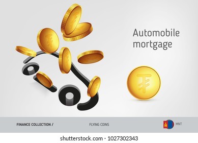 Car icon with flying Mongolian Tughrik coins, finance concept. Vector illustration for print, websites, web design, mobile app, infographics.