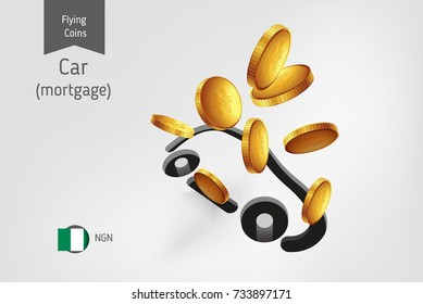 Car icon with flying Nigerian Naira coins, finance concept. Vector illustration for print, websites, web design, mobile app, infographics.