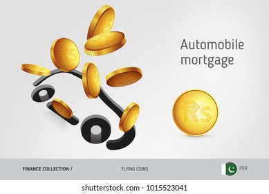 Car icon with flying Pakistani Rupee coins, finance concept. Vector illustration for print, websites, web design, mobile app, infographics.