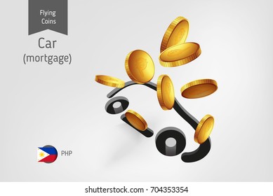 Car icon with flying Philippine Peso coins, finance concept.