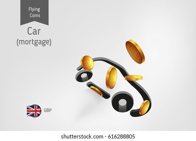 Car Icon With Flying Pound Sterling Coins, Finance Concept.