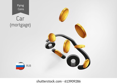 Car icon with flying Russian ruble coins, finance concept.