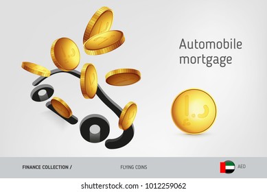 Car icon with flying United Arab Emirates Dirham coins, finance concept. Vector illustration for print, websites, web design, mobile app, infographics.