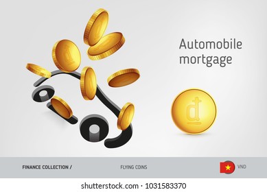 Car icon with flying Vietnamese Dong coins, finance concept. Vector illustration for print, websites, web design, mobile app, infographics.