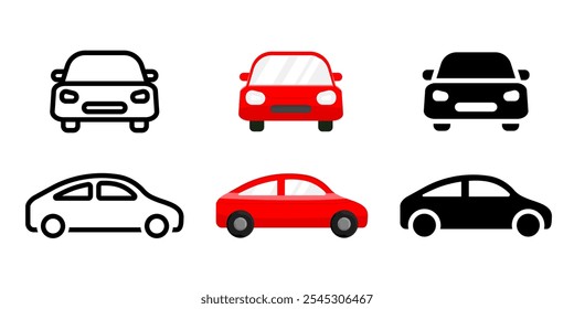 Car icon front and side view. Red auto illustration. Transport symbol. Automobile signs set. Auto Travel pictogram.