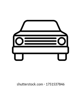 Icono de coche. Vista frontal. Silueta de contorno negro. Ilustración gráfica lineal vectorial. Objeto aislado sobre un fondo blanco. Aislar.
