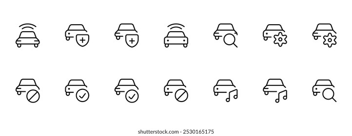 Car icon. Car function, electric car, search, music, repair icon. vector illustration. linear Editable Stroke. Line, Solid, Flat Line, thin style and Suitable for Web Page, Mobile App, UI, UX design.