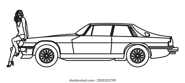 Car icon with girl, XSJ. Vector illustration.