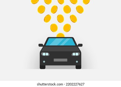 Car Icon And Gold Coins. Concept Of Auto Purchase, Motor Vehicle Service Expenses, Money Savings For Car Buying, Revenue From Automobile Sales, Automotive Market And Insurance