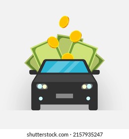 Car icon, gold coins and green banknotes. Concept of auto purchase, motor vehicle service expenses, money savings for car buying, revenue from automobile sales, automotive market and insurance