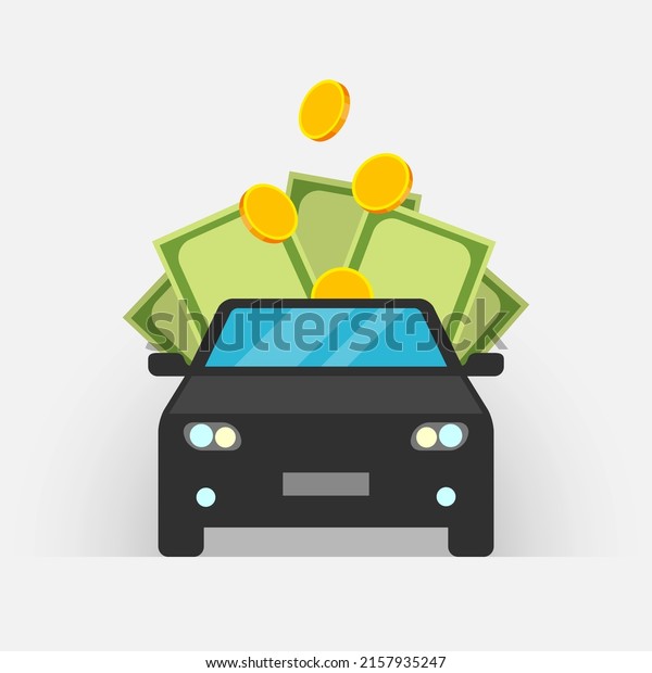 Car icon, gold coins and green banknotes.\
Concept of auto purchase, motor vehicle service expenses, money\
savings for car buying, revenue from automobile sales, automotive\
market and insurance