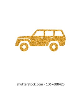 Car icon in gold glitter texture. Sparkle luxury style vector illustration.