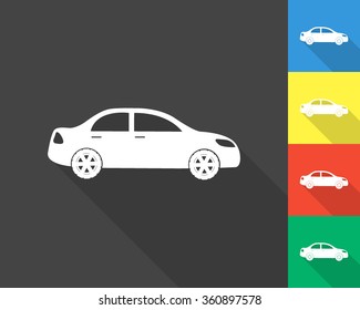 car icon - gray and colored (blue, yellow, red, green) vector illustration with long shadow