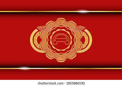 Car icon inside Gold and Red emblem. Traditional handsome background. Artistic illustration. 
