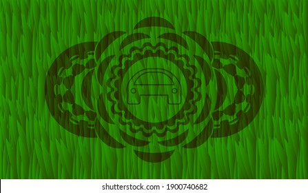 Car icon inside grass turf badge. Eco fancy background. Intense illustration. 