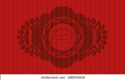 Car icon inside red color badge. Bars graceful background. Intense illustration. 