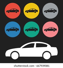 Car icon isolated on black background. Vector illustration for transport design. Simple symbol car sign. Transportation flat automobile silhouette. Speed auto traffic element. Mobile wheel set.