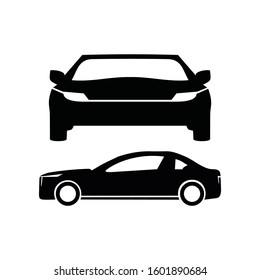 Car icon isolated on white background, front and side view. Sedan car vector silhouette