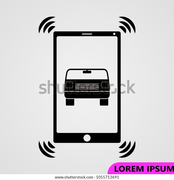 Car icon or logo, car in screen phone logo, black and
white logo isolated on grey background, vector illustration
logotype.  EPS 10.