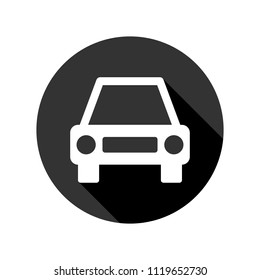 Car icon with long shadow, white isolated on black background, vector illustration.