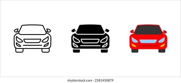 Car icon. Modern sedan sign. Automobile with headlights symbol. Urban driving and auto transport pictogram. Mobility, speed, and road travel illustration.