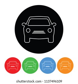 Car icon in a modern thin line outline style vector circle transportation sign or symbol with four color variations