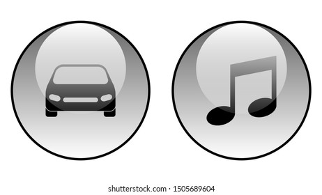 Car icon and music icon vector design. Couple of icons united by one topic